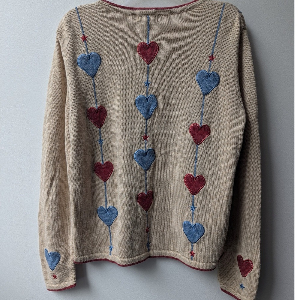 Vtg Cardigan Tan Heart Embroidered Button Front Sz M Grandmacore Valentines Day - Picture 4 of 7